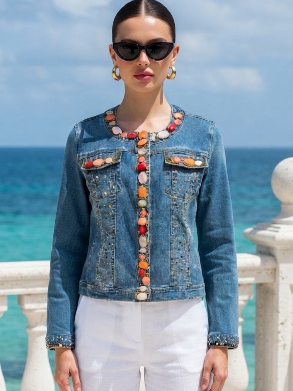 BEREK Blue Jean Denim Jacket Sequin & Stone Embellished (sku F)